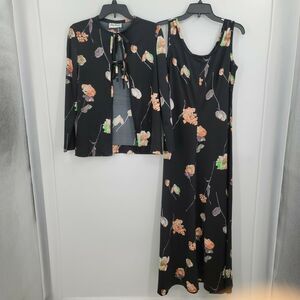 Yves Jennet Maxi & jacket Sleeveless Dress Floral Jacket Scoop Neck Black 2 pc